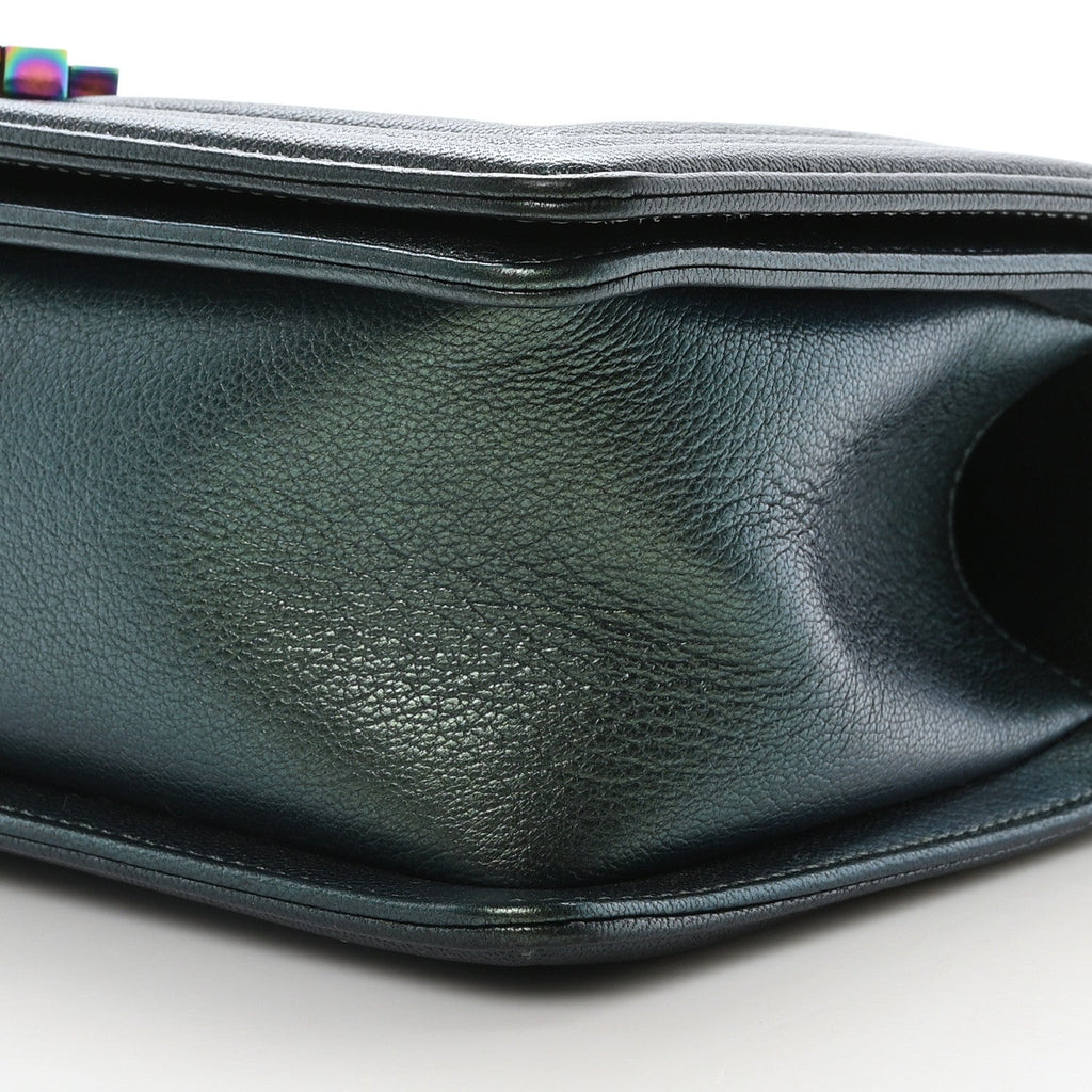Iridescent Goatskin Quilted Medium Boy Flap Green