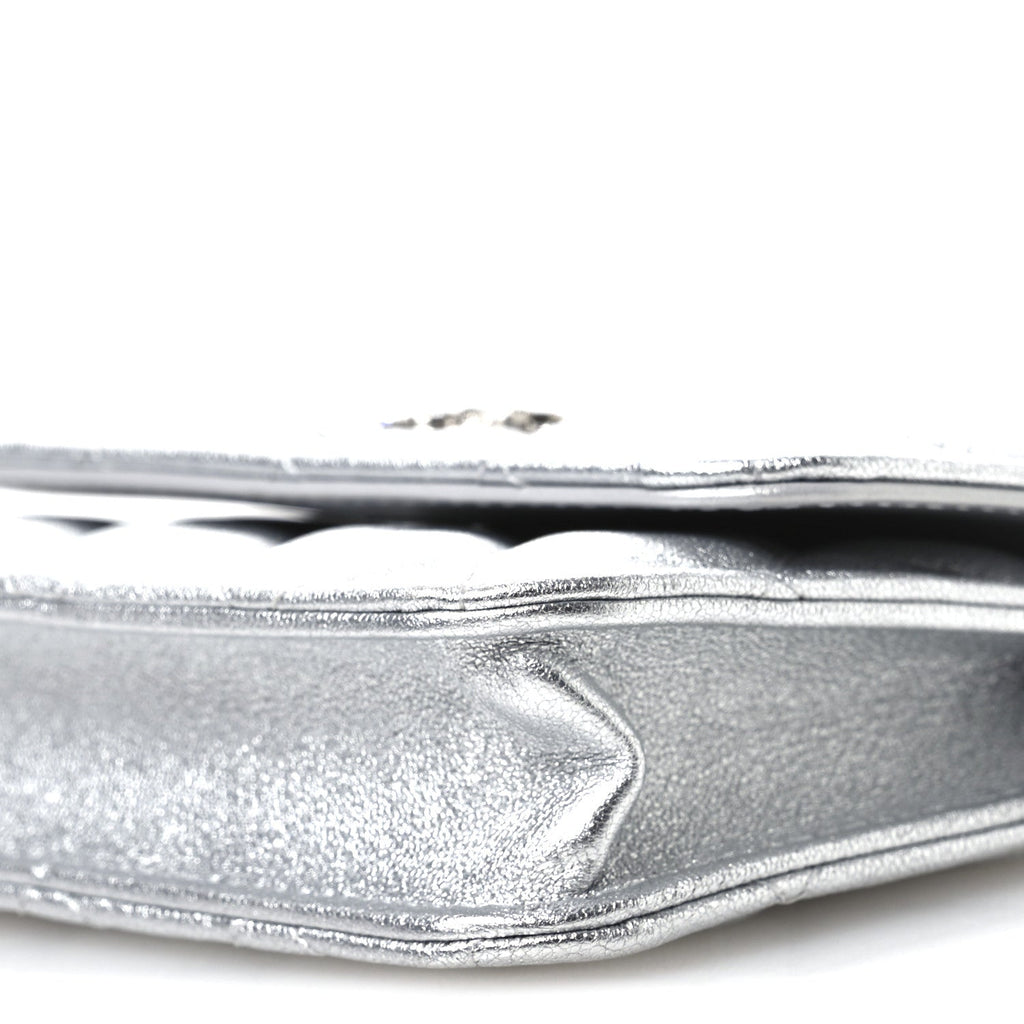 Metallic Goatskin Quilted Crystal CC Walk Of Fame Clutch With Chain Silver
