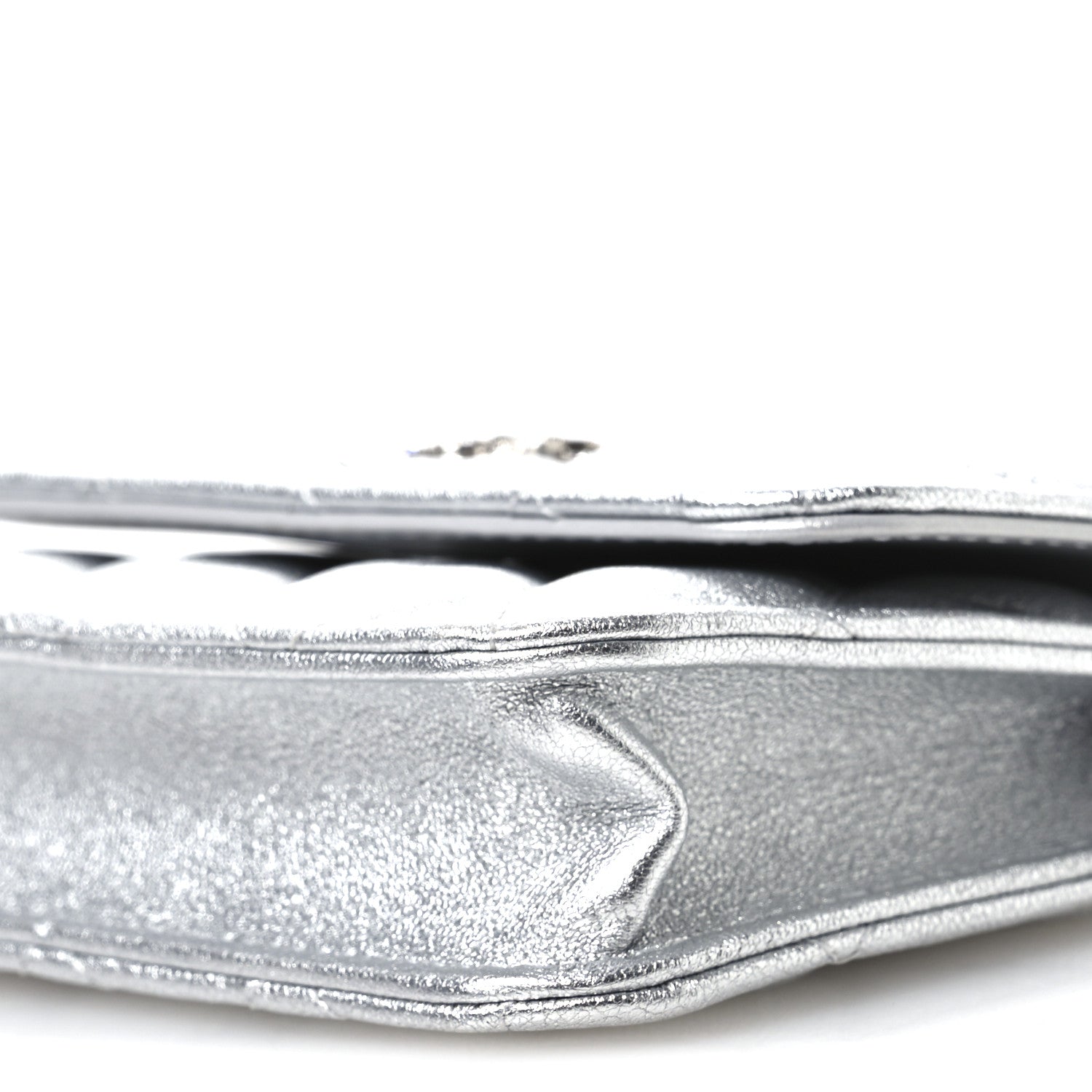 Metallic Goatskin Quilted Crystal CC Walk Of Fame Clutch With Chain Silver