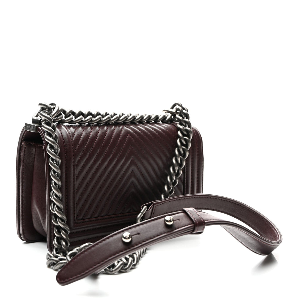 Calfskin Chevron Quilted Small Boy Flap Burgundy