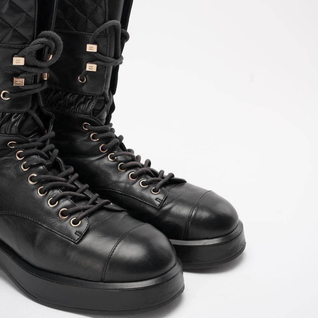 Chanel Black Lace Up Combat Boots Lambskin 39