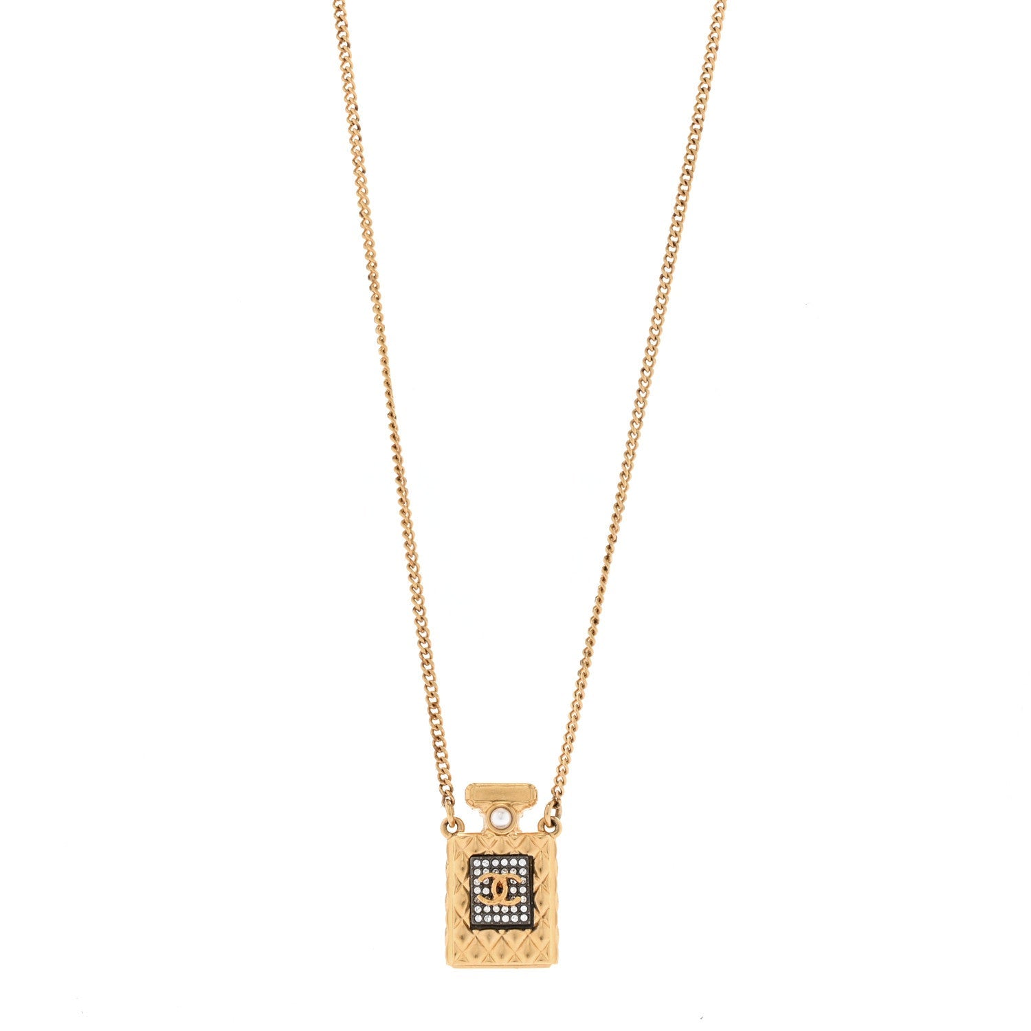 Crystal Pearl Perfume Bottle CC Necklace Black Gold