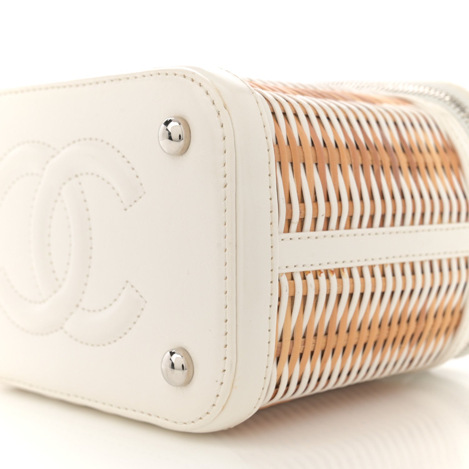 Calfskin Raffia Small Vanity Case Bag White Beige