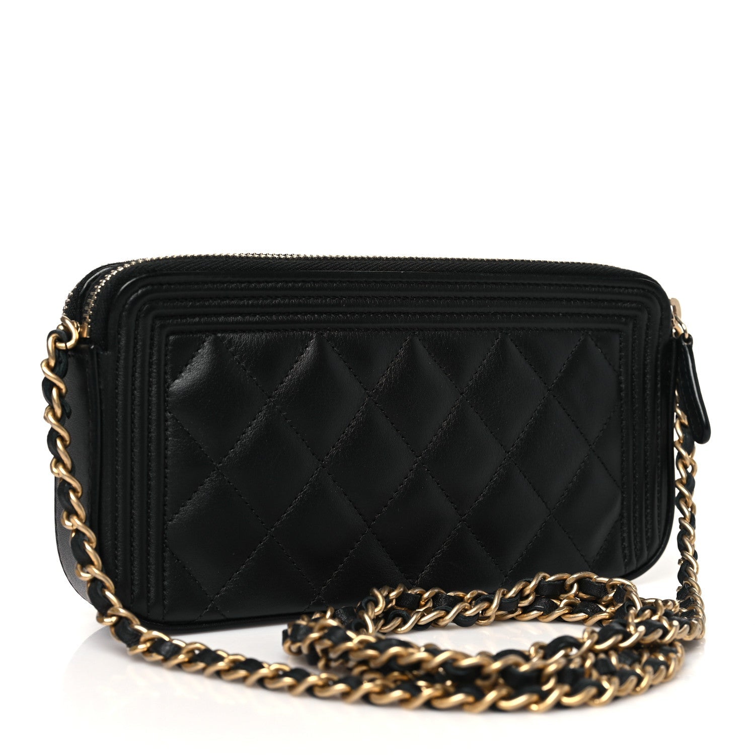 Lambskin Quilted Small Boy Clutch With Chain Black