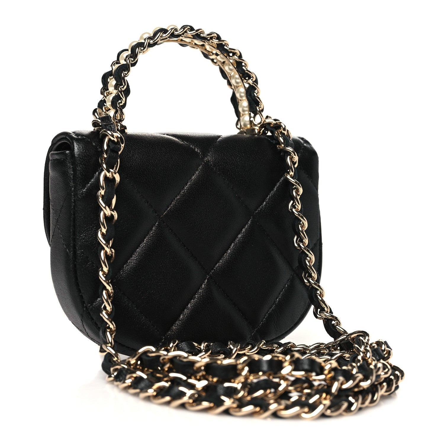 Lambskin Quilted Pearl Top Handle Clutch With Chain Black