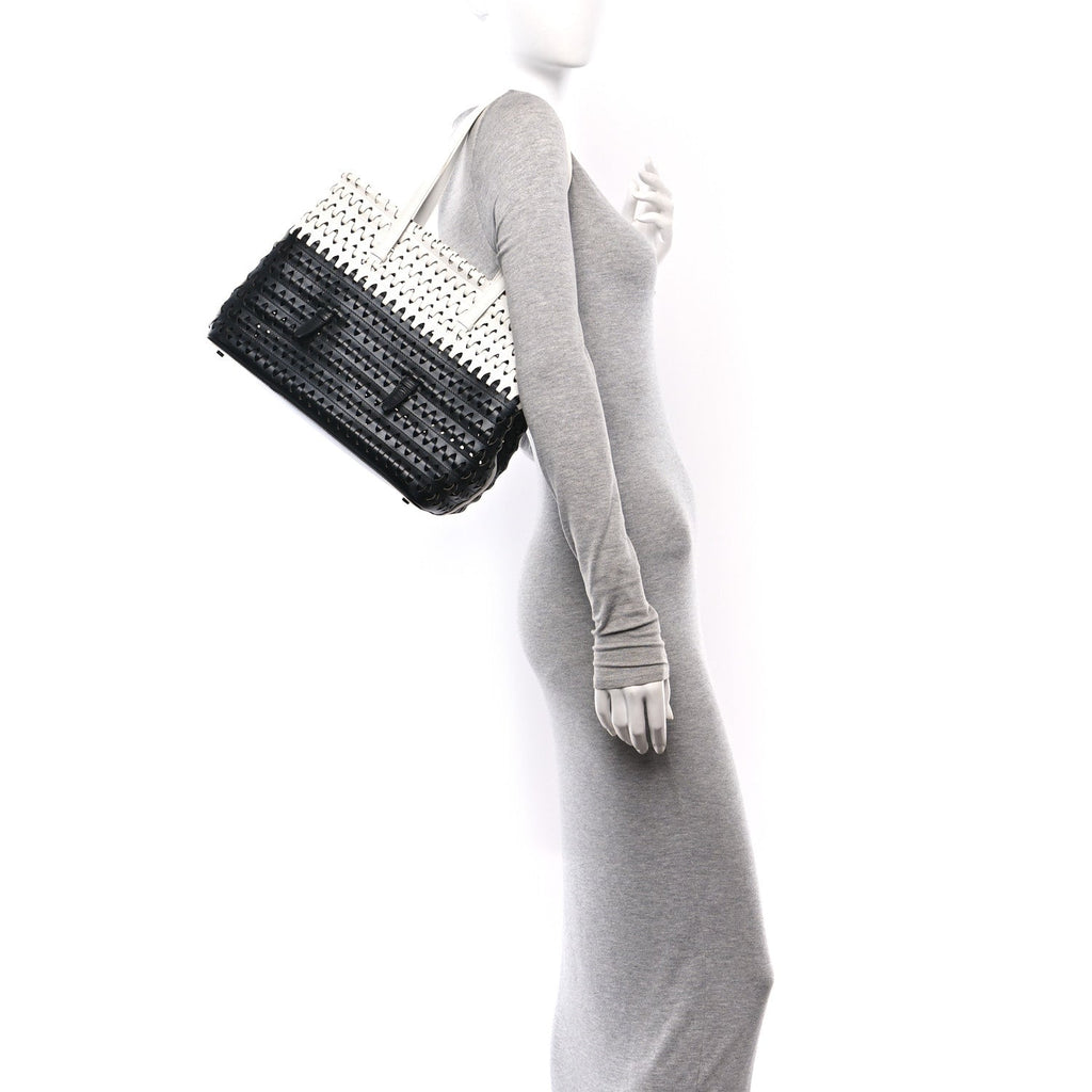 Woven Calfskin Mina Tote Black White