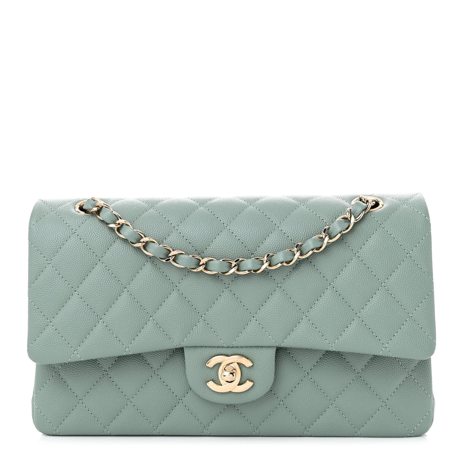 Caviar Quilted Medium Double Flap Light Blue