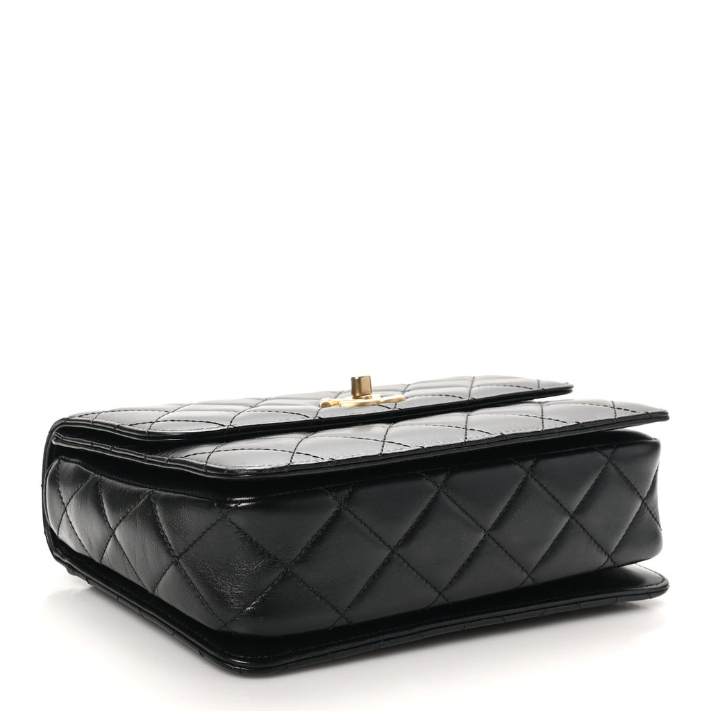 Shiny Calfskin Quilted Small Metal Chain Top Handle Flap Black