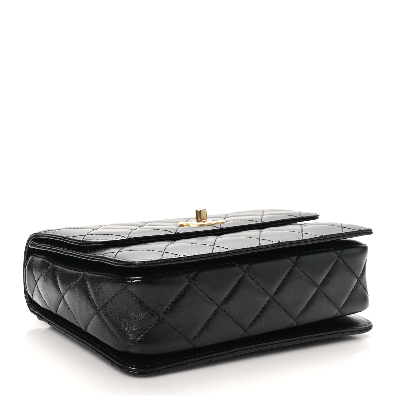 Shiny Calfskin Quilted Small Metal Chain Top Handle Flap Black