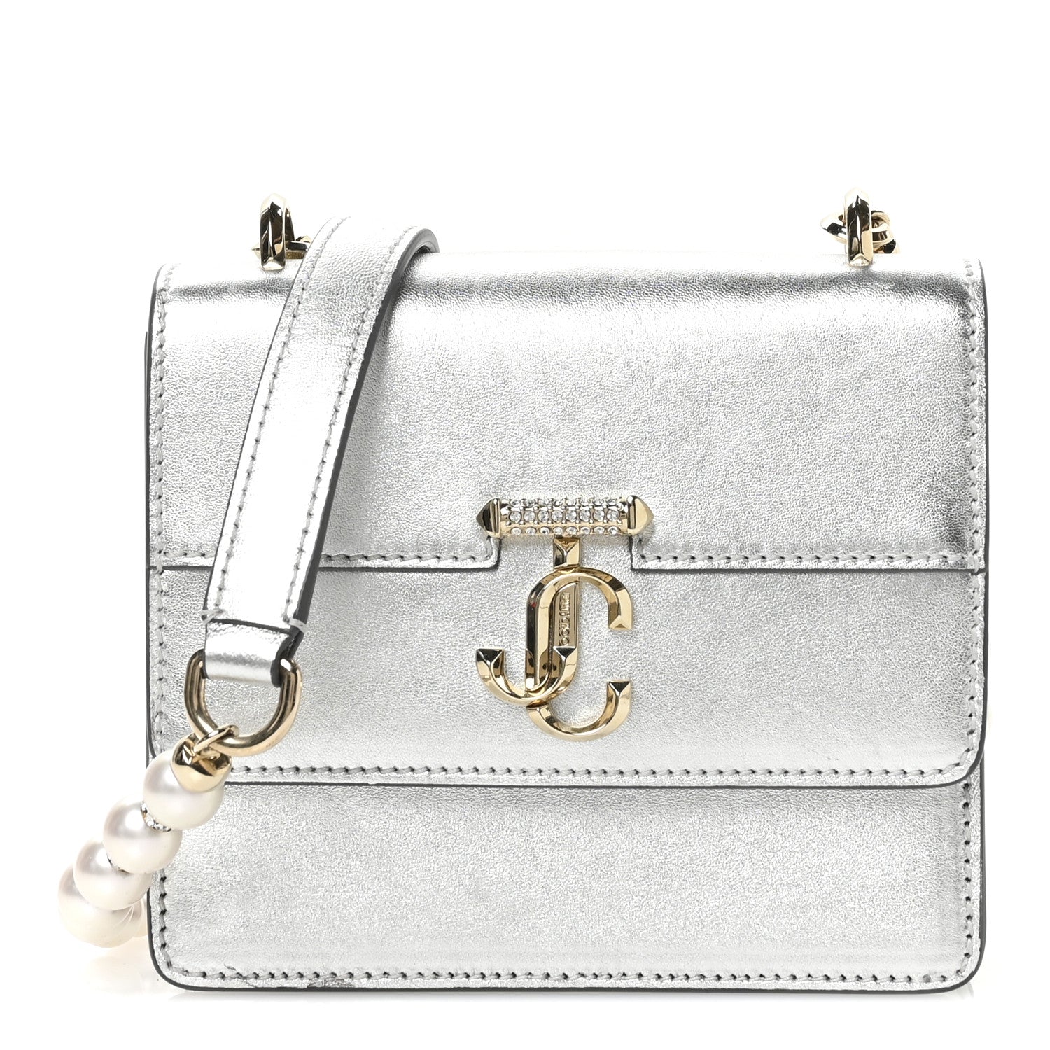 Metallic Calfskin Pearl Varenne Crystal Bar Avenue Chain Clutch Silver