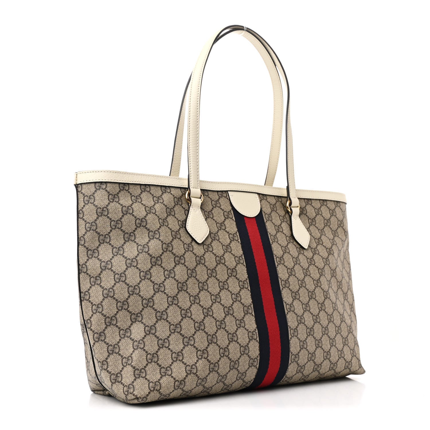GG Supreme Monogram Textured Dollar Calfskin Web Medium Ophidia Shopping Tote Beige Ebony Mystic White