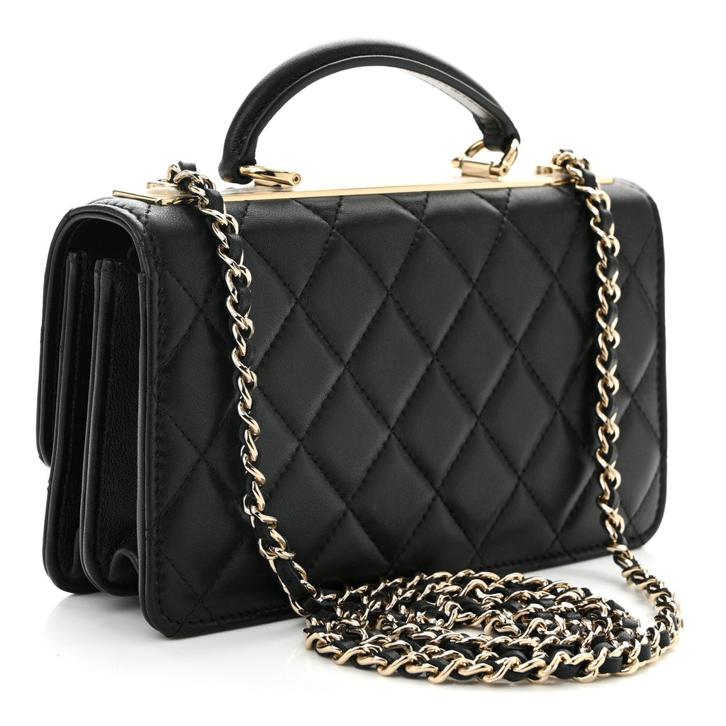 Lambskin Quilted Trendy CC Dual Handle Clutch With Chain  Black