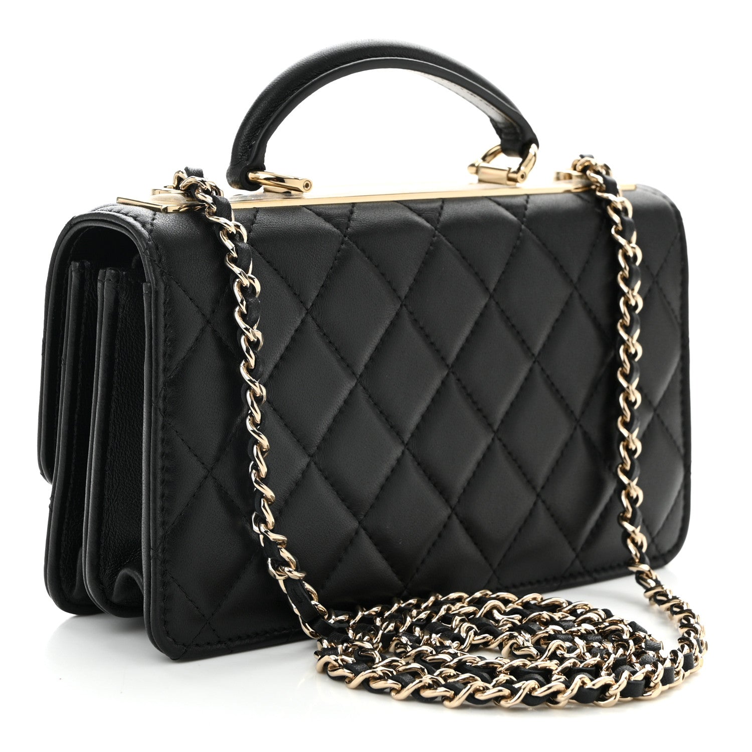 Lambskin Quilted Trendy CC Dual Handle Clutch With Chain  Black
