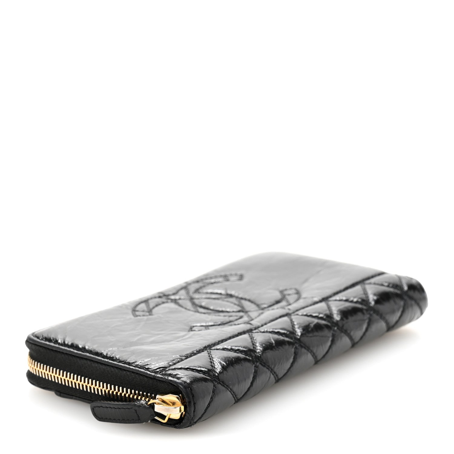 Shiny Aged Calfskin Quilted CC Wallet Black