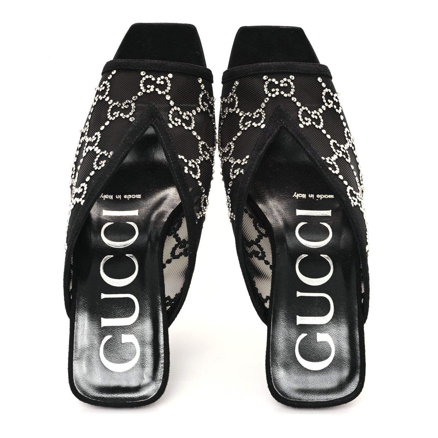 Tela Retino Kid Scamosciato Crystal GG Monogram Square G 95mm Slide Sandals 35 Black