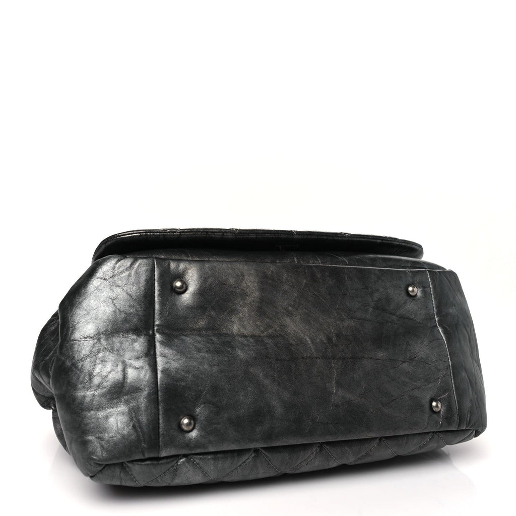 Metallic Aged Calfskin Quilted Large Pondichery Flap Dark Grey