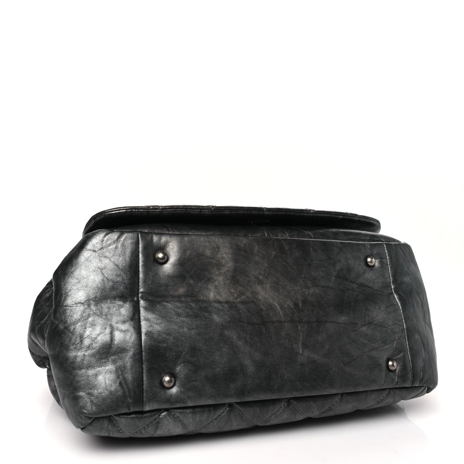 Metallic Aged Calfskin Quilted Large Pondichery Flap Dark Grey