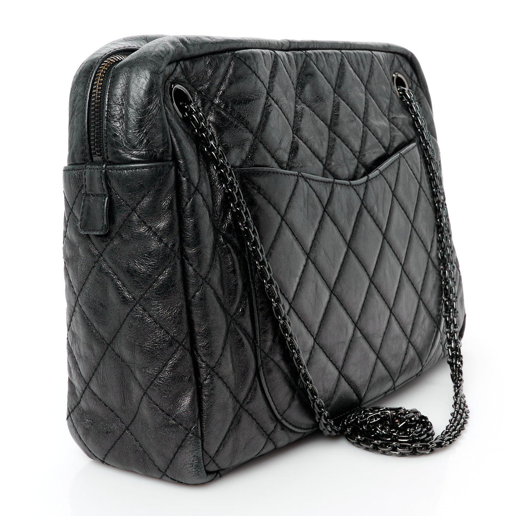 Metallic Aged Calfskin Quilted Large Reissue Camera Case Black