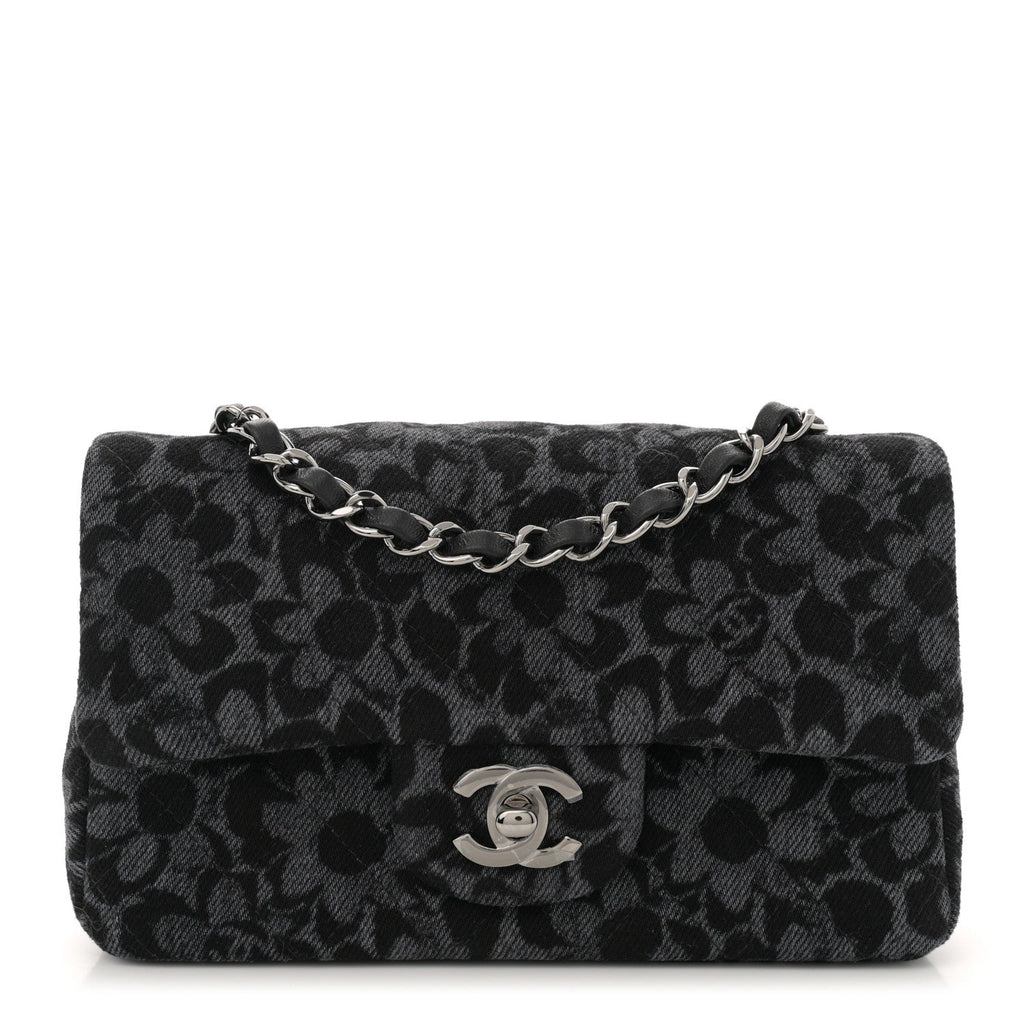 Printed Denim Quilted Flower Mini Rectangular Flap Black
