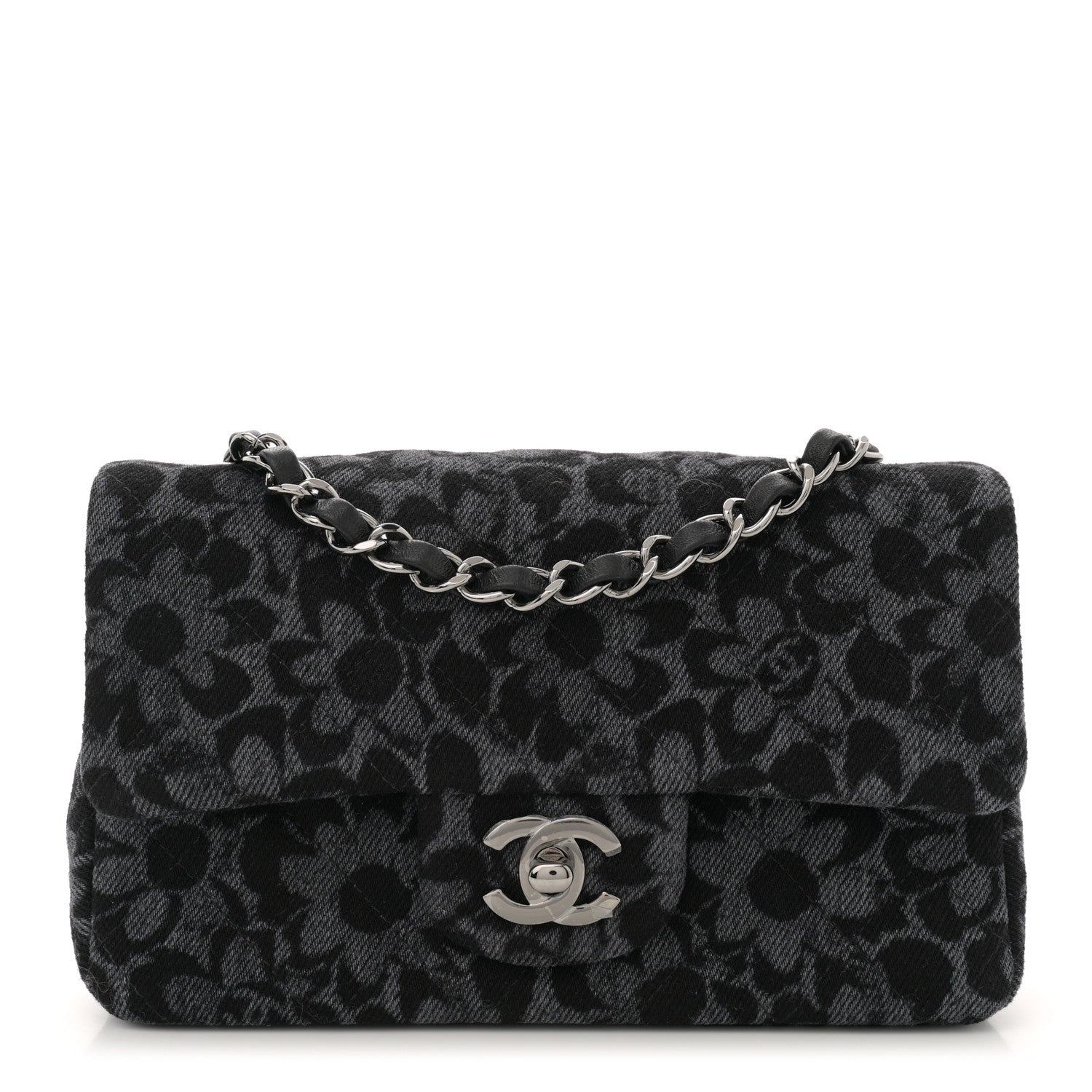 Printed Denim Quilted Flower Mini Rectangular Flap Black