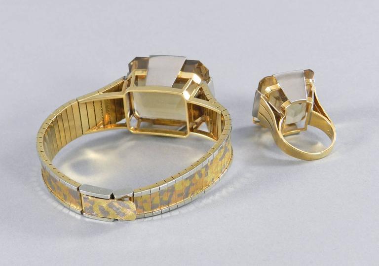 Vintage 1970's Retro Style Eszeha Smoky Citrine Gold Bracelet and Ring Set