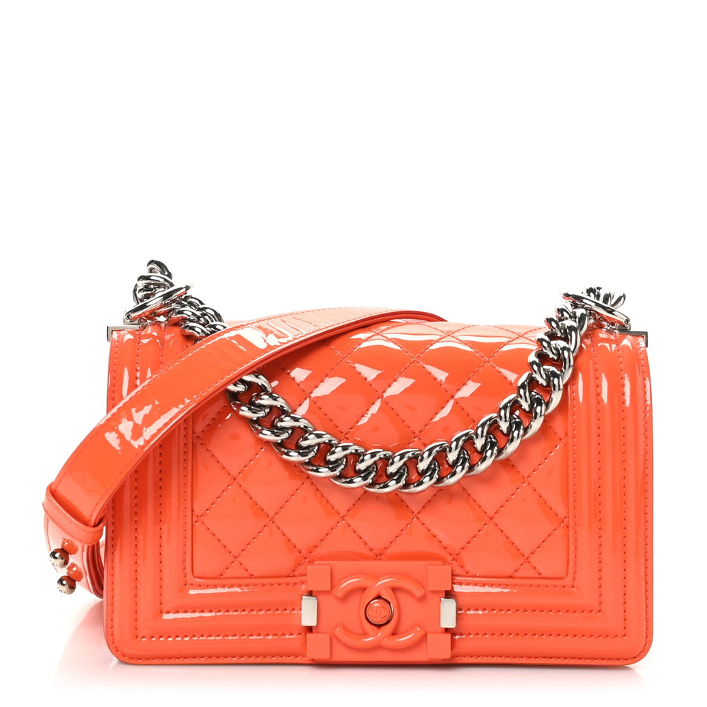 Patent Calfskin Quilted Small Plexiglass Boy Flap Orange