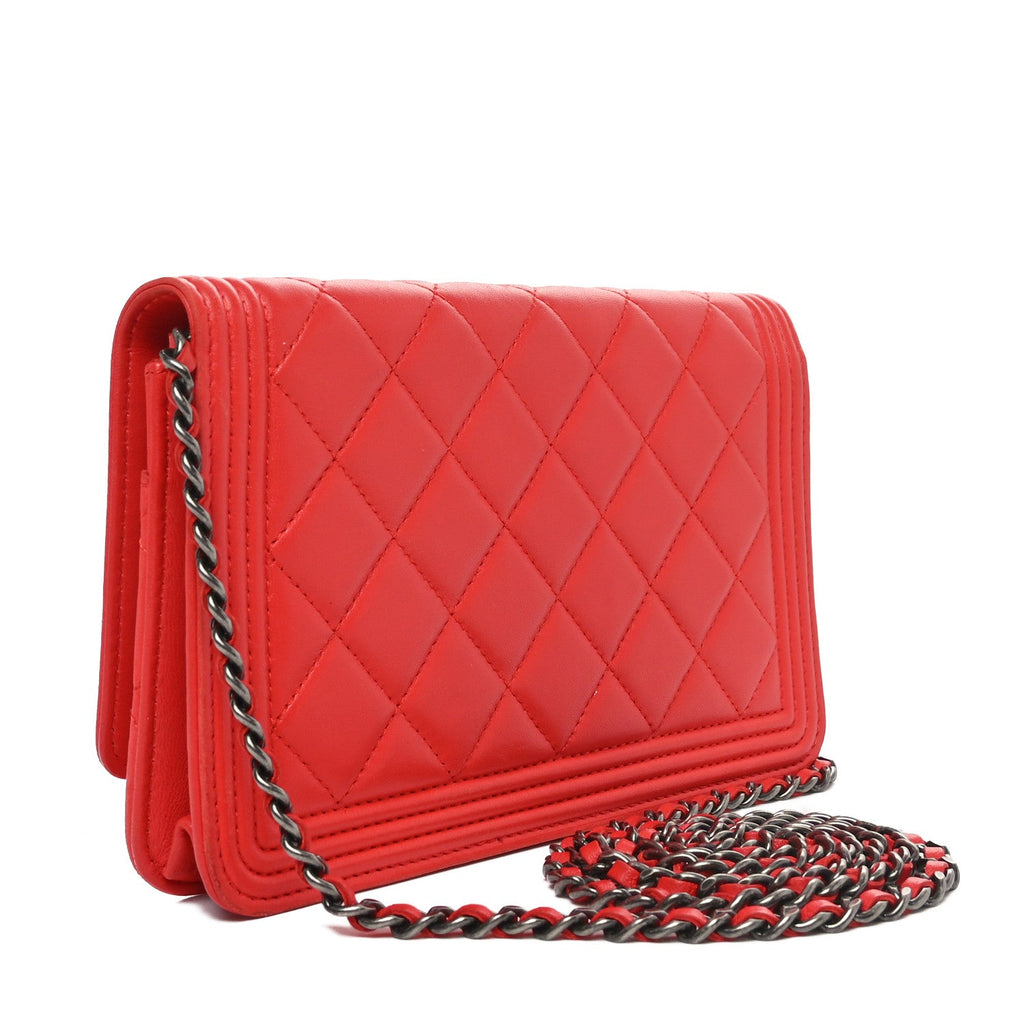 Lambskin Quilted Boy Wallet On Chain WOC Red