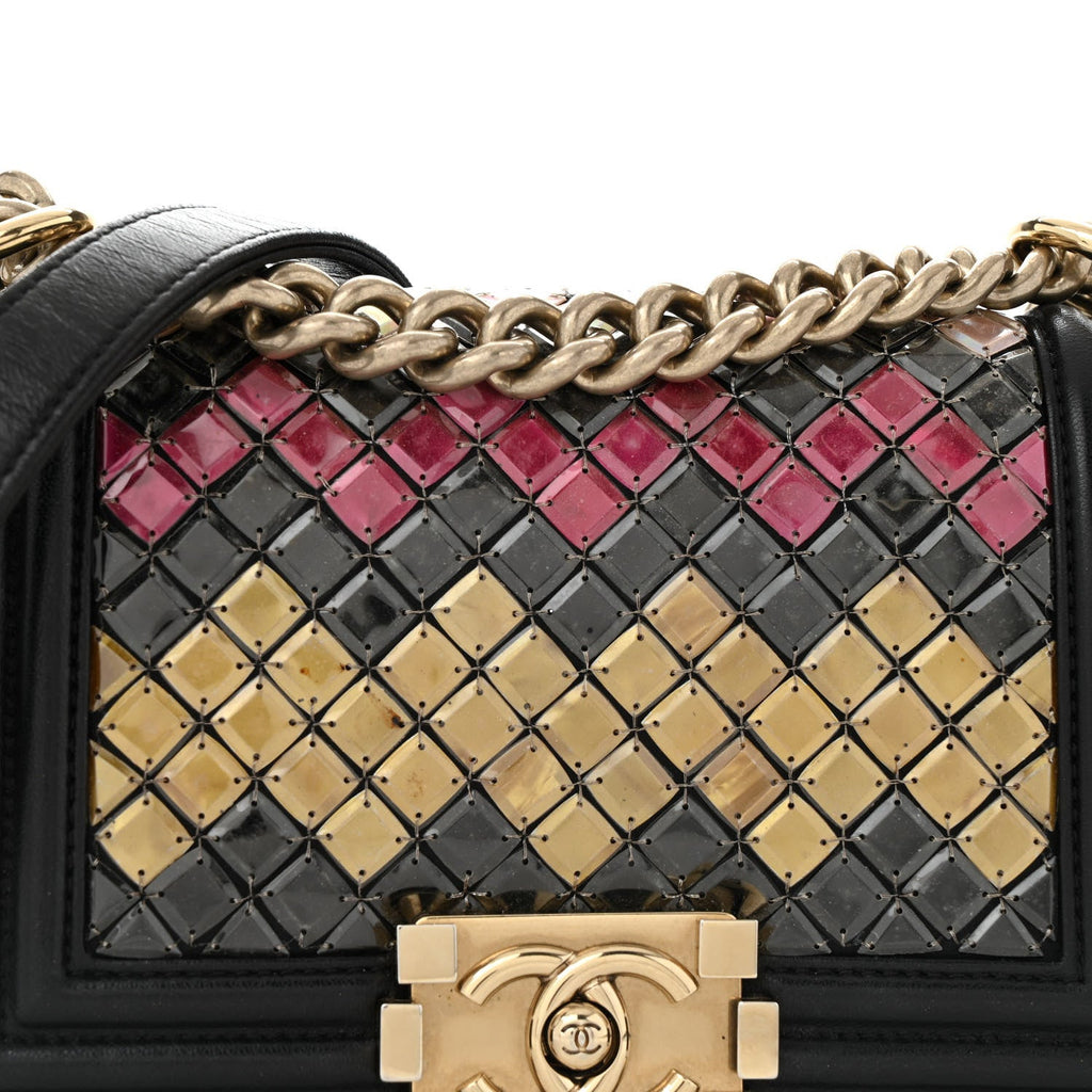 Lambskin Tile Embroidered Small Brasserie Mosaic Boy Flap Black Multicolor