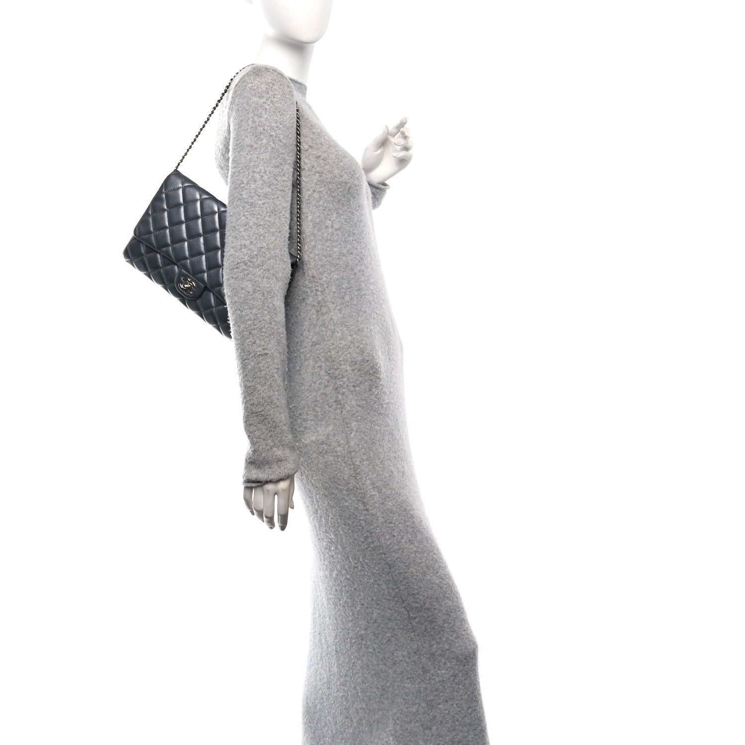 Metallic Lambskin Quilted Clutch With Chain Flap   Dark Grey
