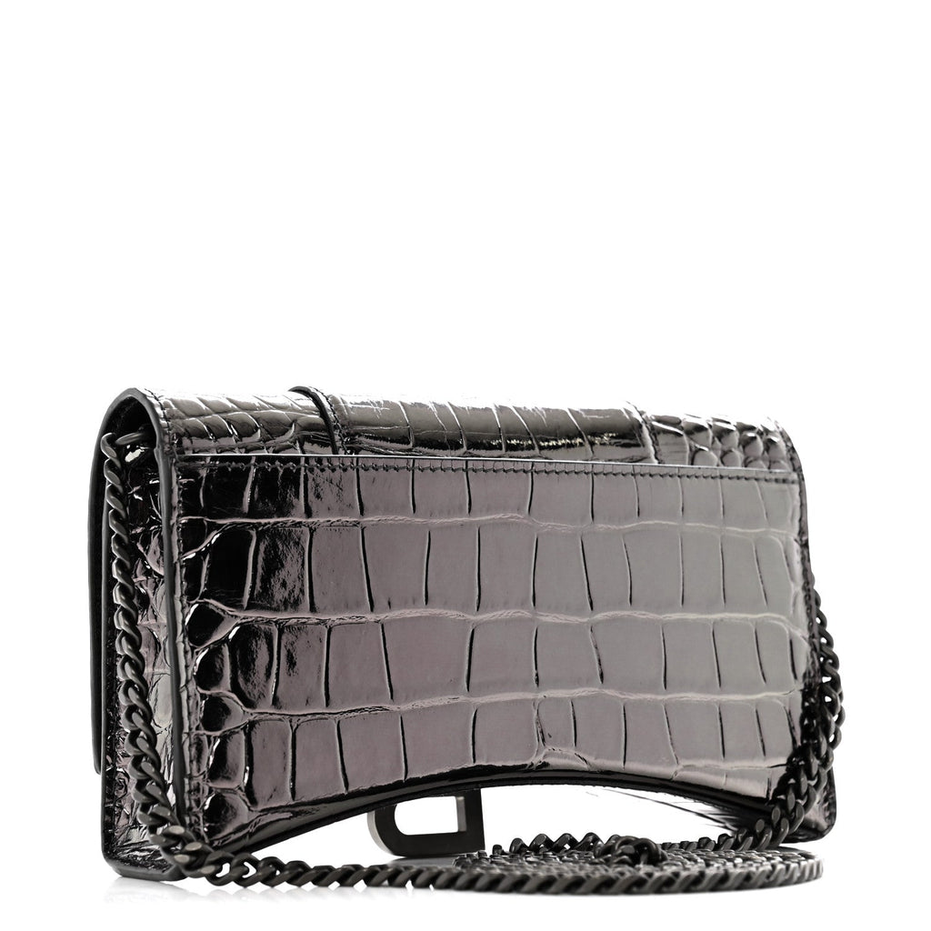 Shiny Metallic Calfskin Crocodile Embossed Hourglass Chain Bag Gunmetal