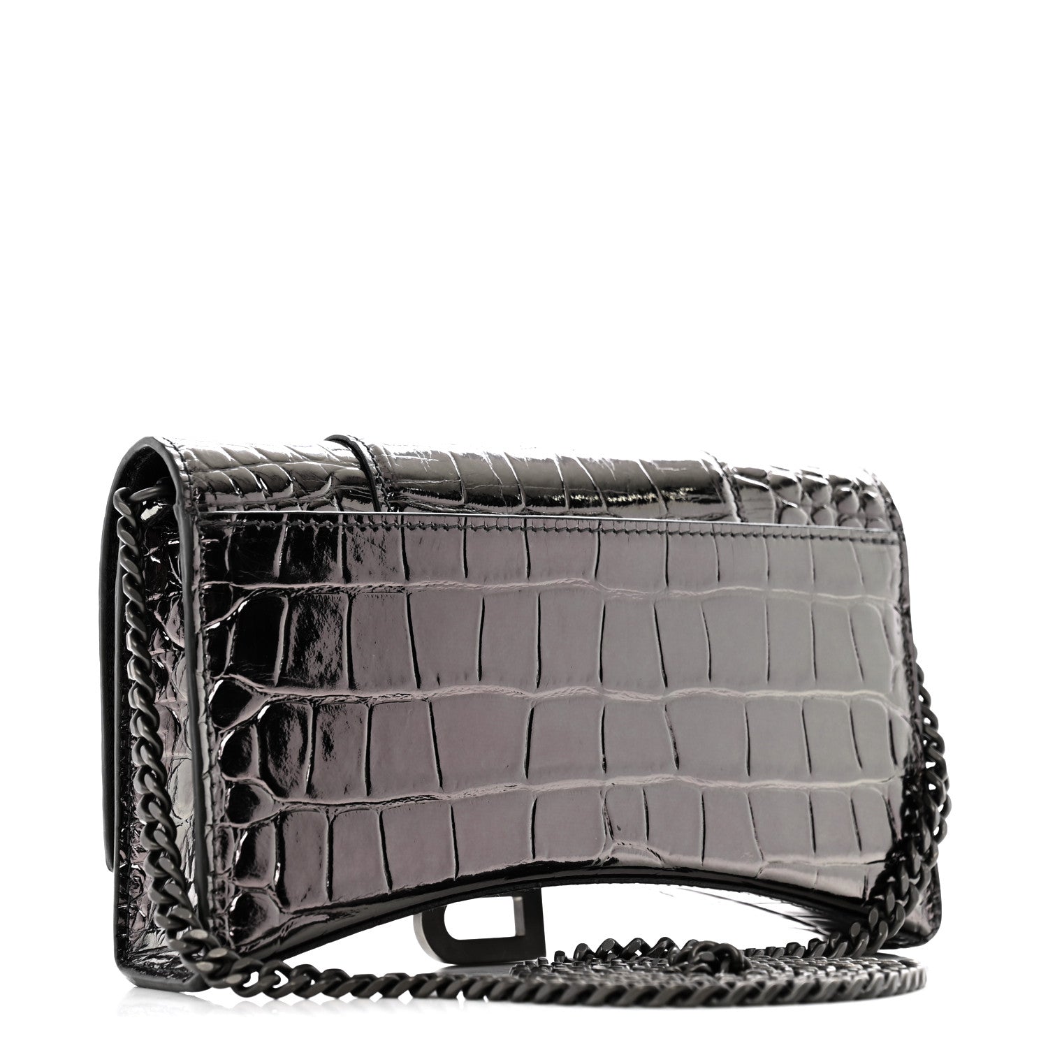 Shiny Metallic Calfskin Crocodile Embossed Hourglass Chain Bag Gunmetal