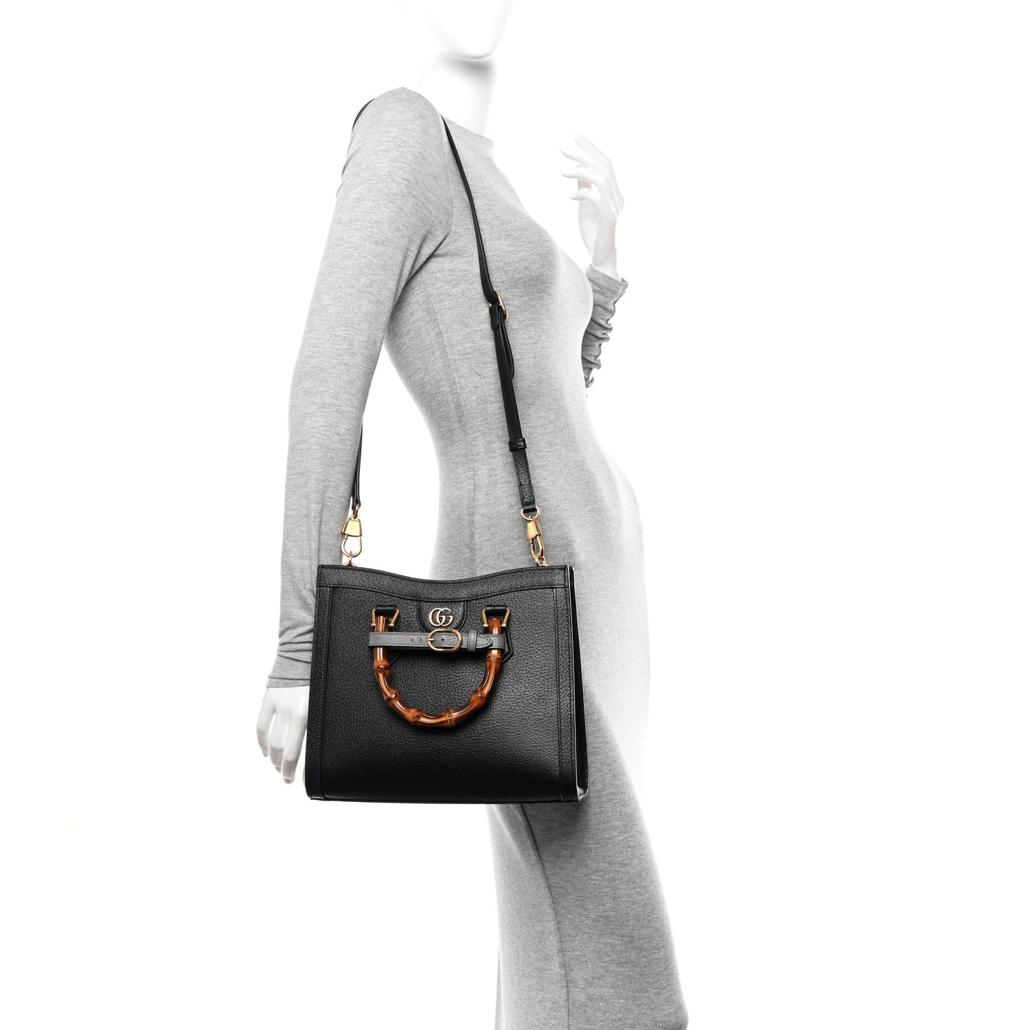 Textured Dollar Calfskin Web Small Diana Tote Bag Black Dusty Grey