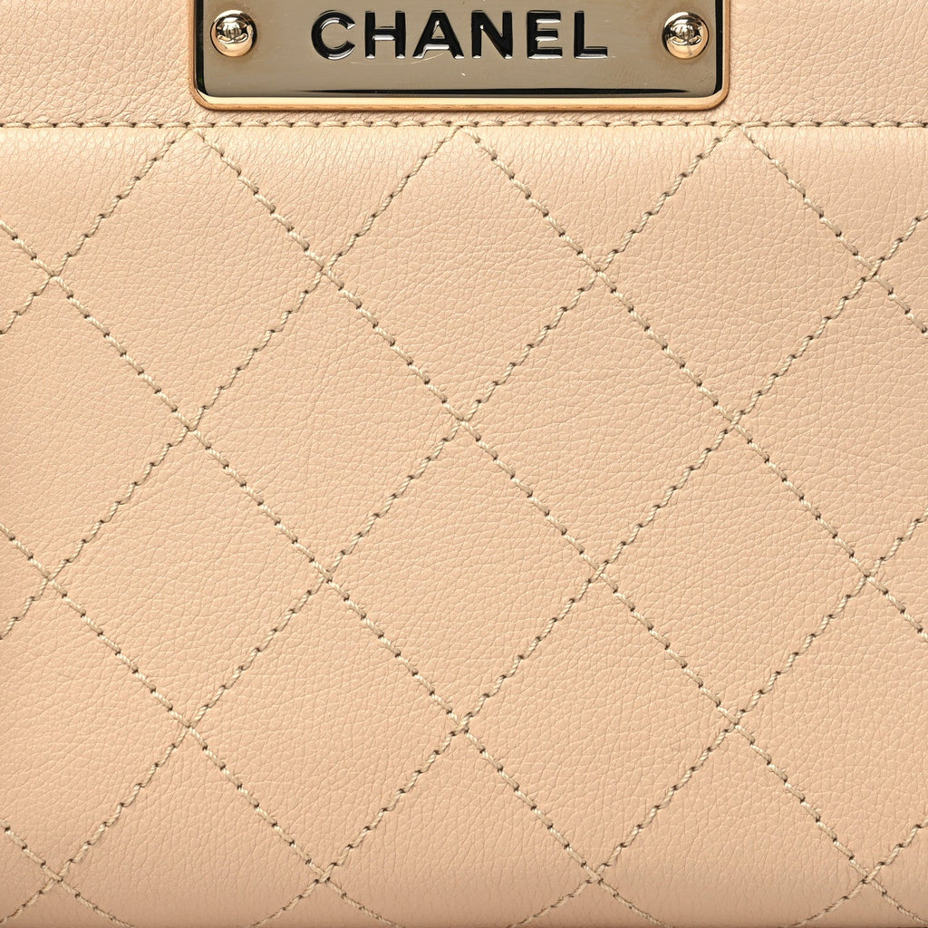 Grained Calfskin Stitched Mini Label  Shopper Tote Beige
