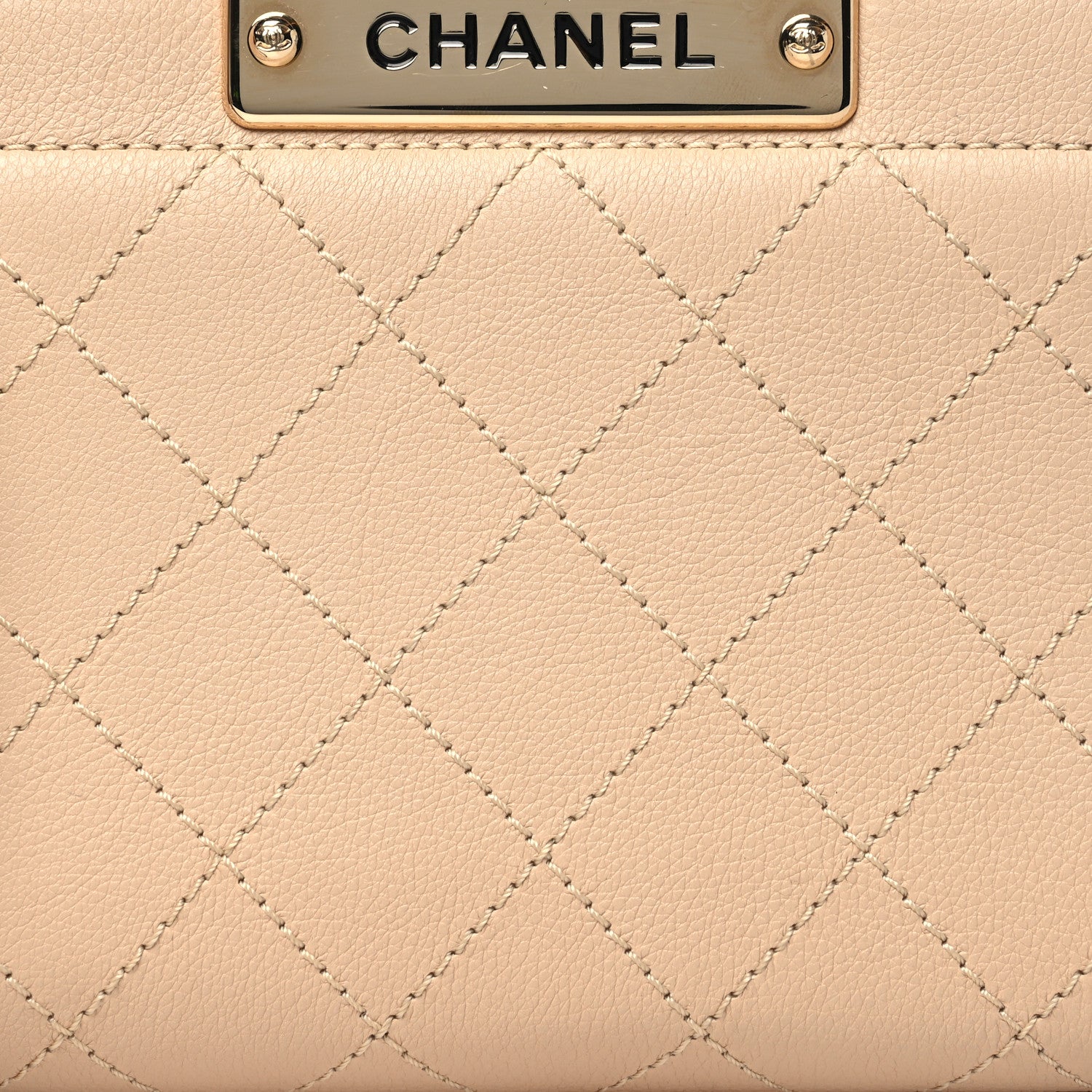 Grained Calfskin Stitched Mini Label  Shopper Tote Beige