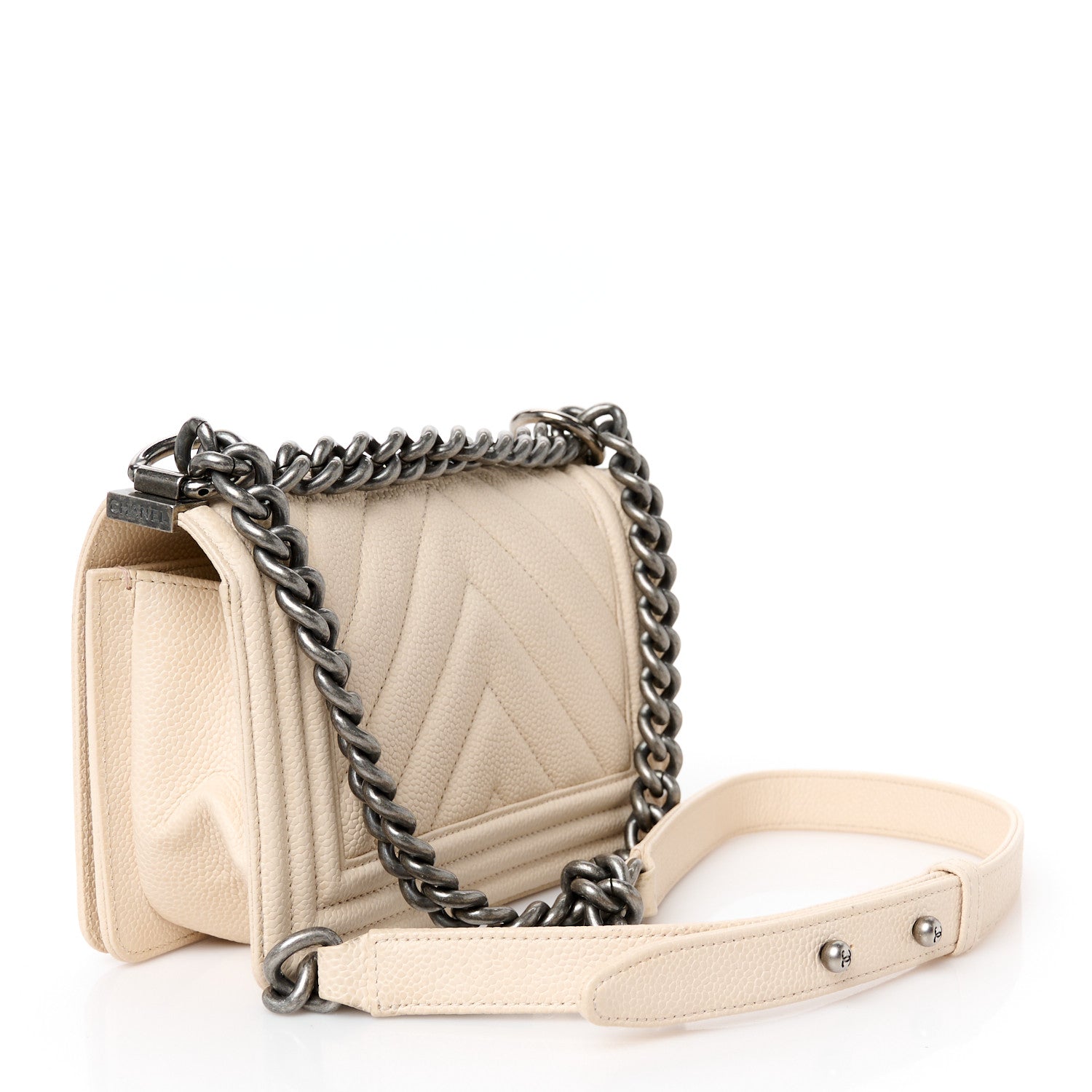 Caviar Chevron Quilted Small Boy Flap Light Beige