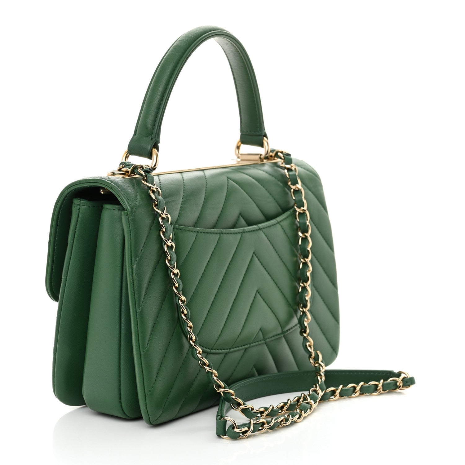 Lambskin Chevron Quilted Small Trendy CC Dual Handle Flap Bag Green