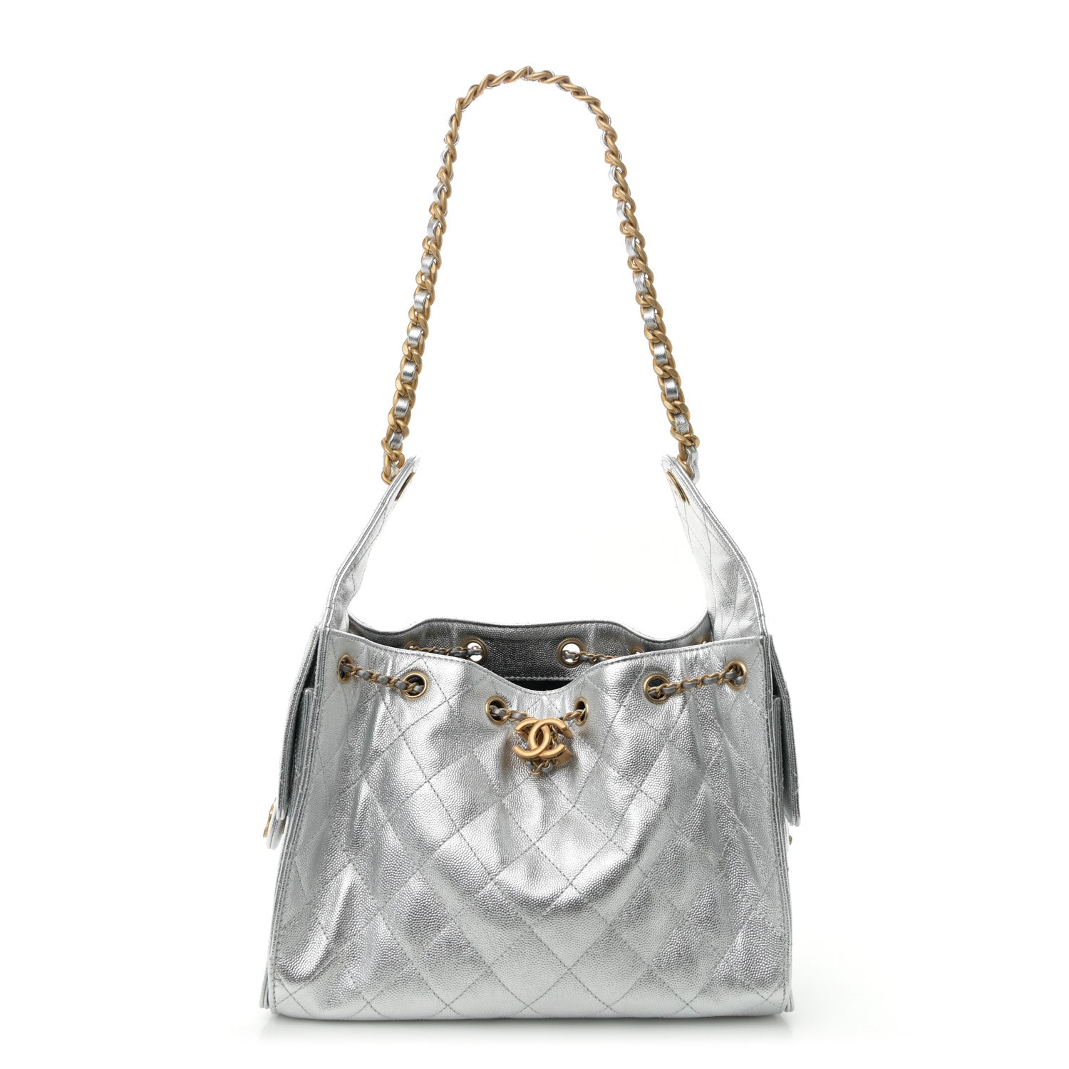 Metallic Caviar Quilted Small Chanel 25 Hobo Silver