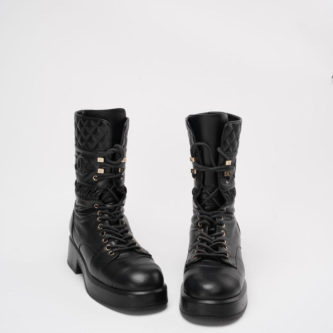 Chanel Black Lace Up Combat Boots Lambskin 39