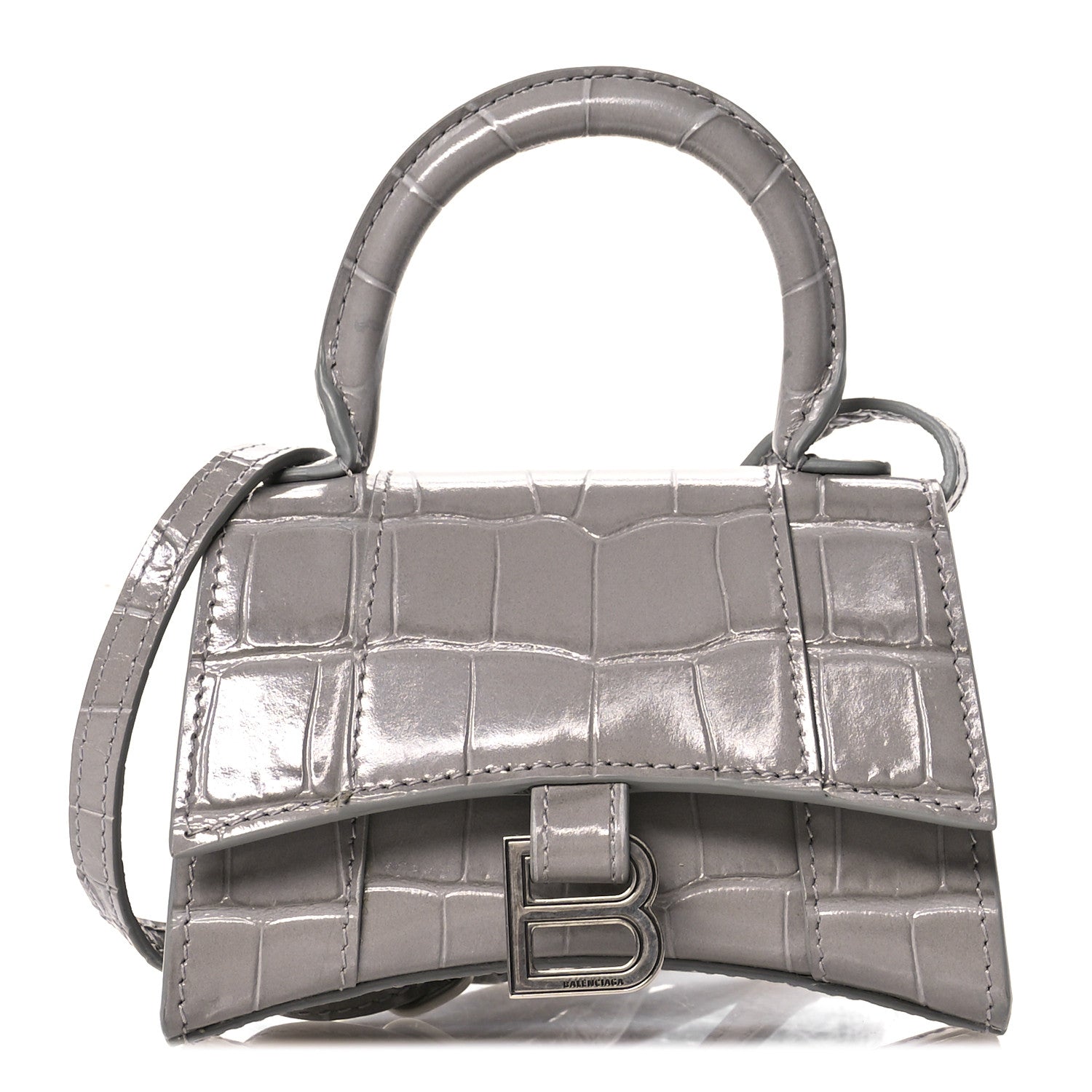 Shiny Calfskin Crocodile Embossed Hourglass Top Handle Bag Mini Steel Grey