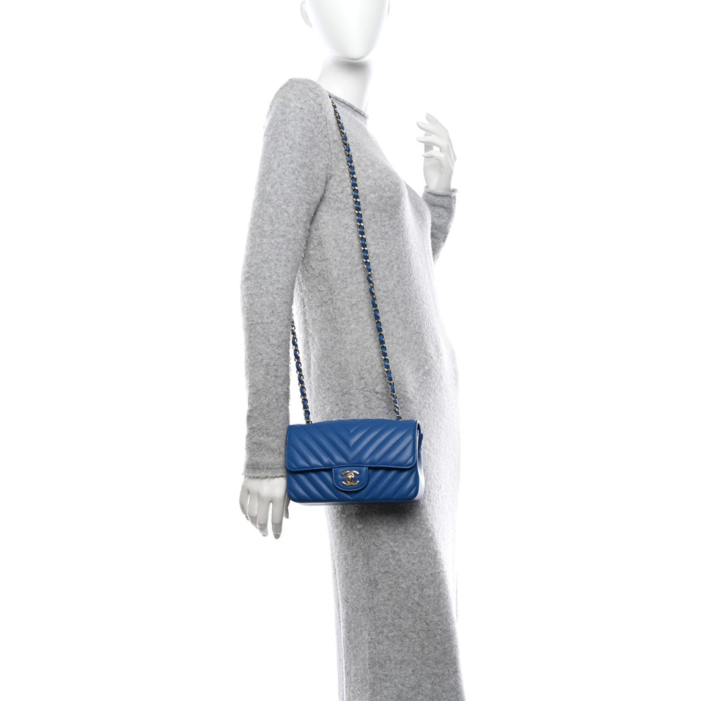 Lambskin Chevron Quilted Mini Rectangular Flap Blue
