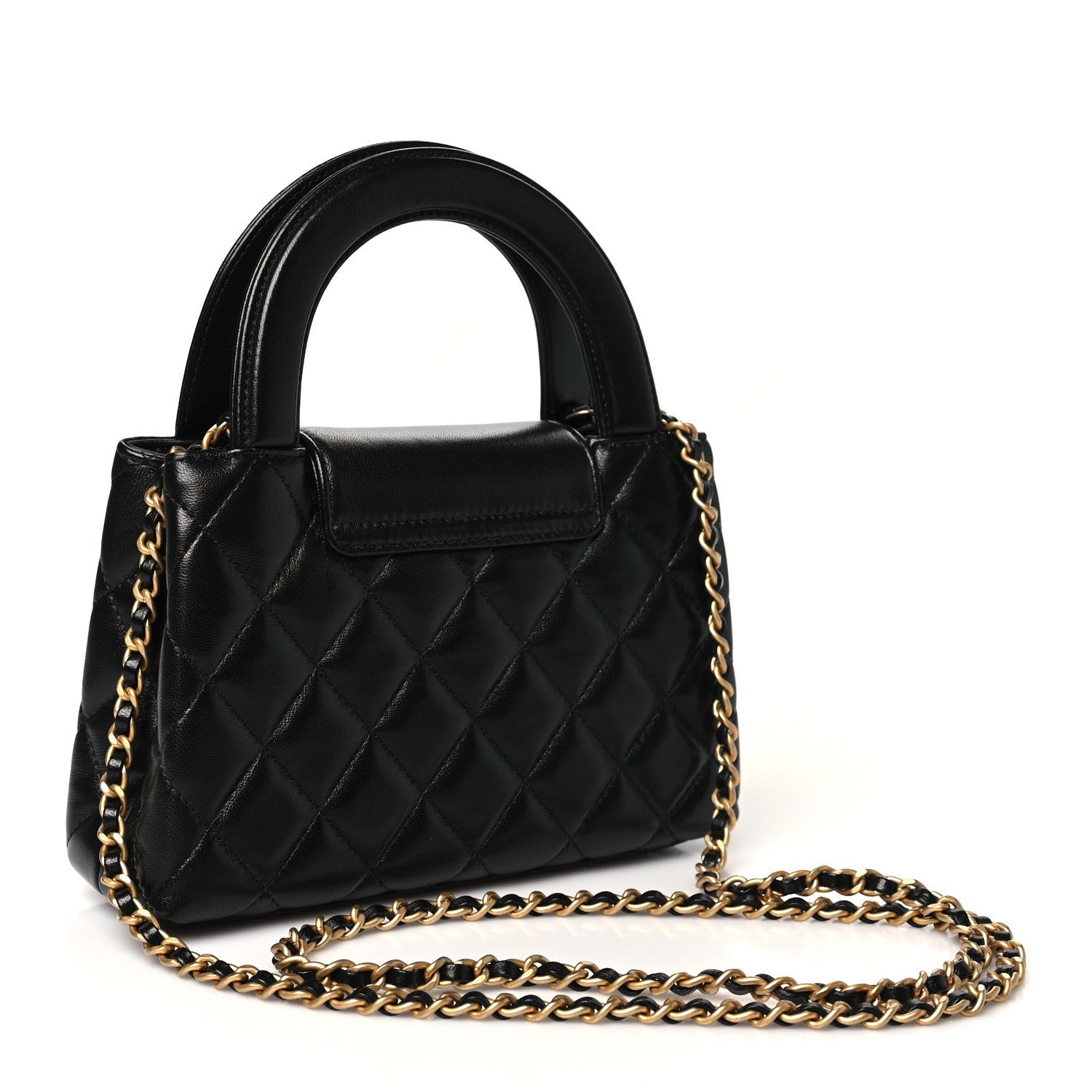 Shiny Aged Calfskin Quilted Nano Kelly Shopper Black