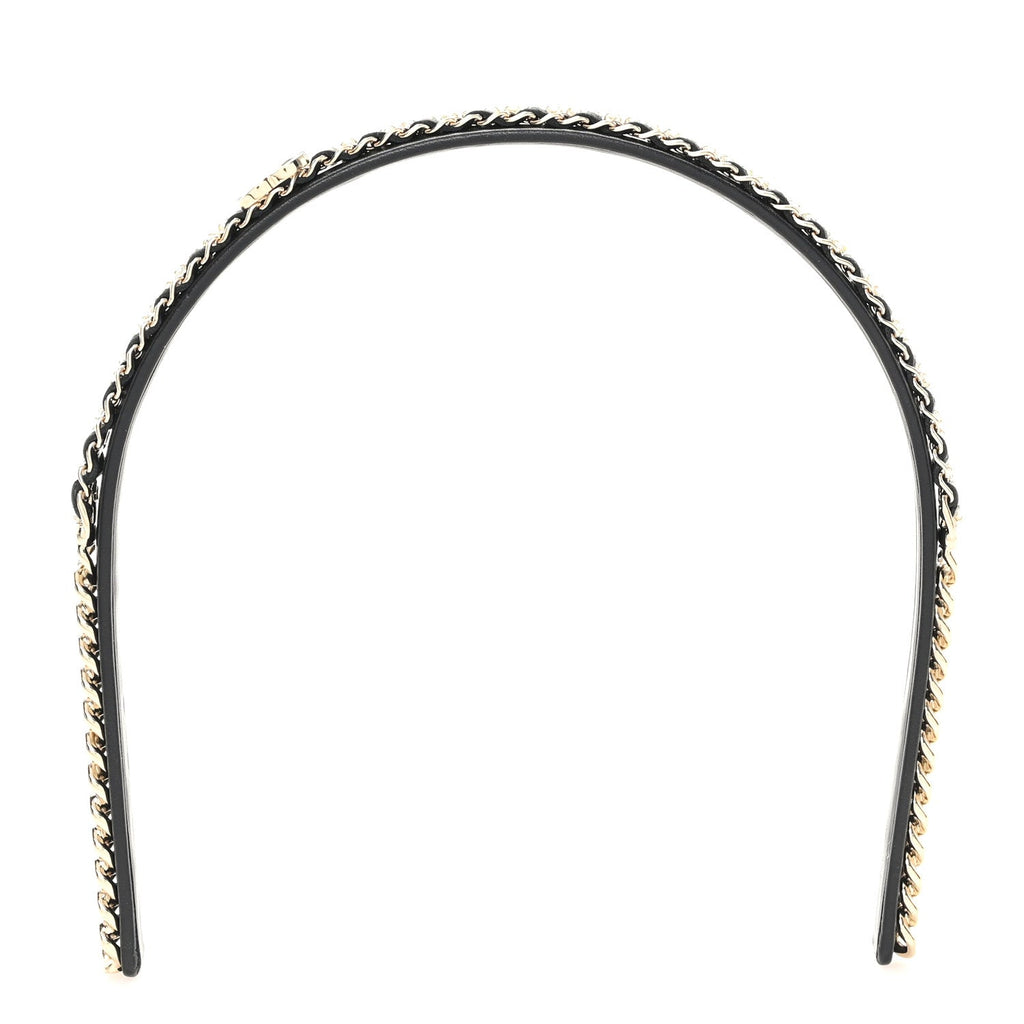 Metal Lambskin Crystal CC Chain Headband Gold Black