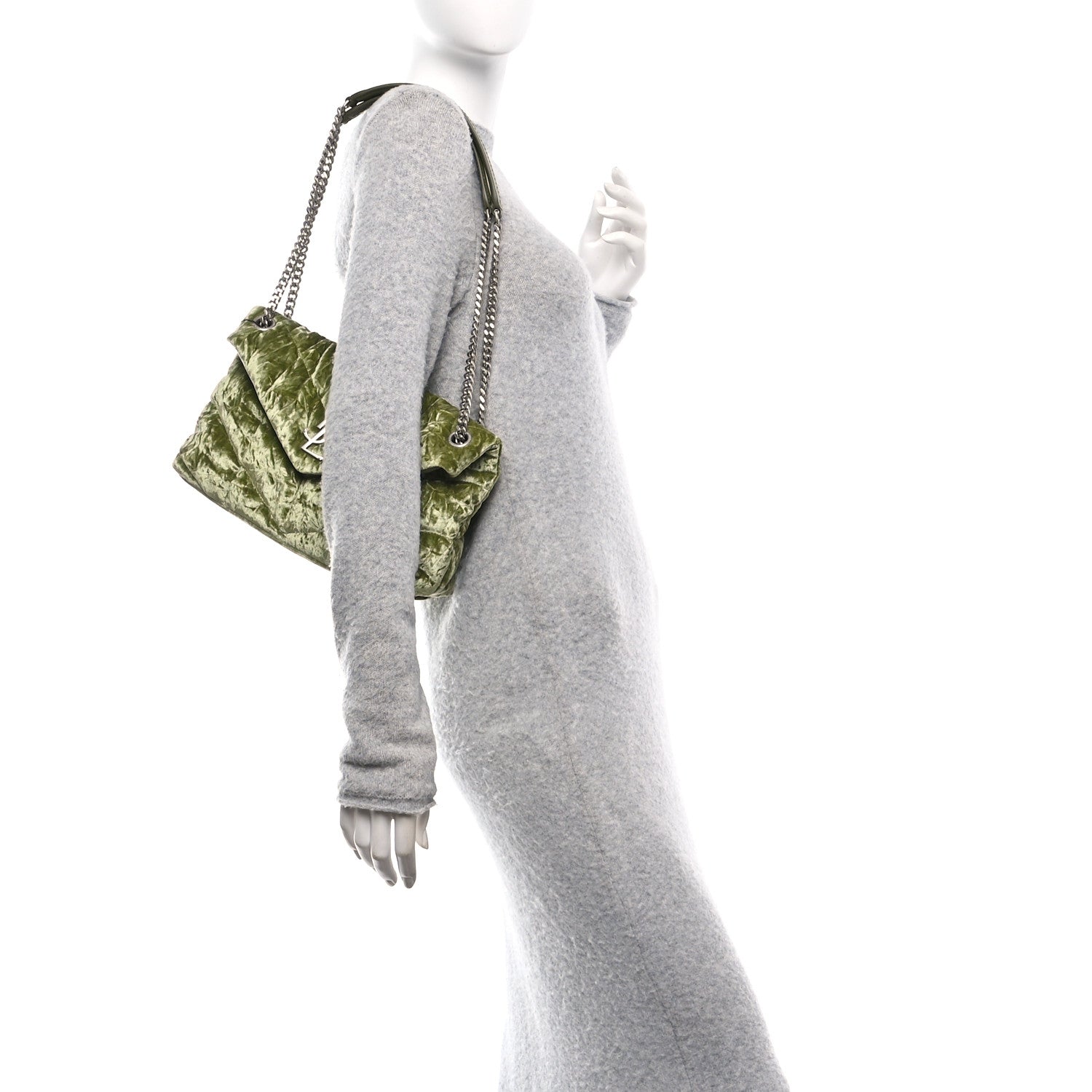 Crushed Velvet Quilted Small Loulou Puffer Monogram Chain Satchel Green