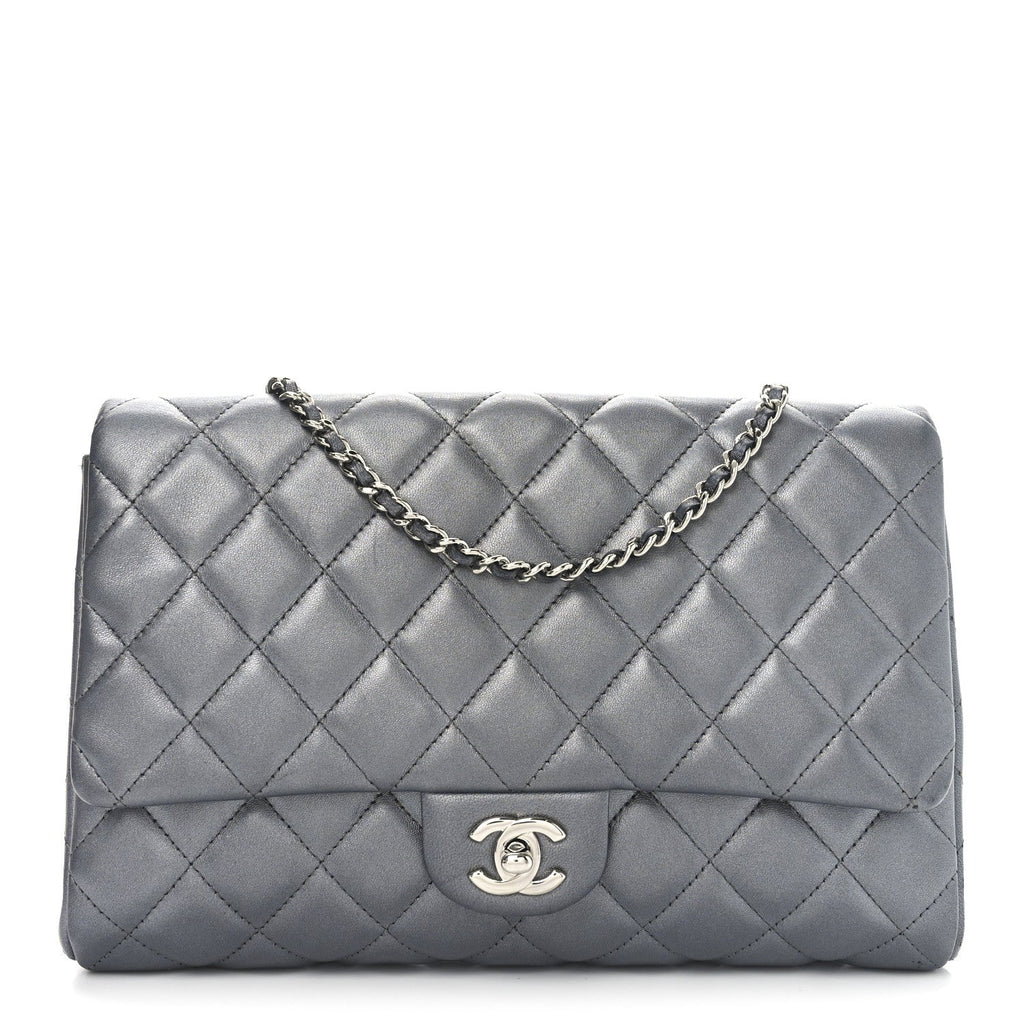 Metallic Lambskin Quilted Clutch With Chain Flap   Dark Grey