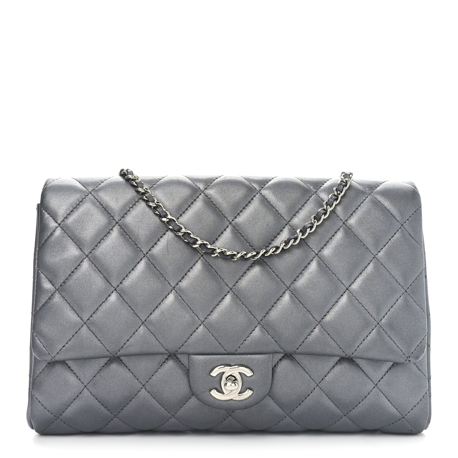 Metallic Lambskin Quilted Clutch With Chain Flap   Dark Grey