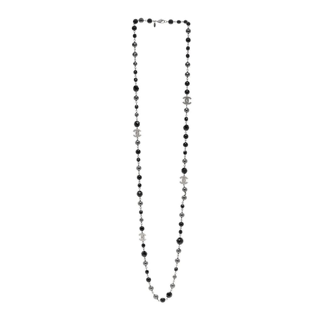 Ruthenium Pearl Beaded CC Long Necklace Black