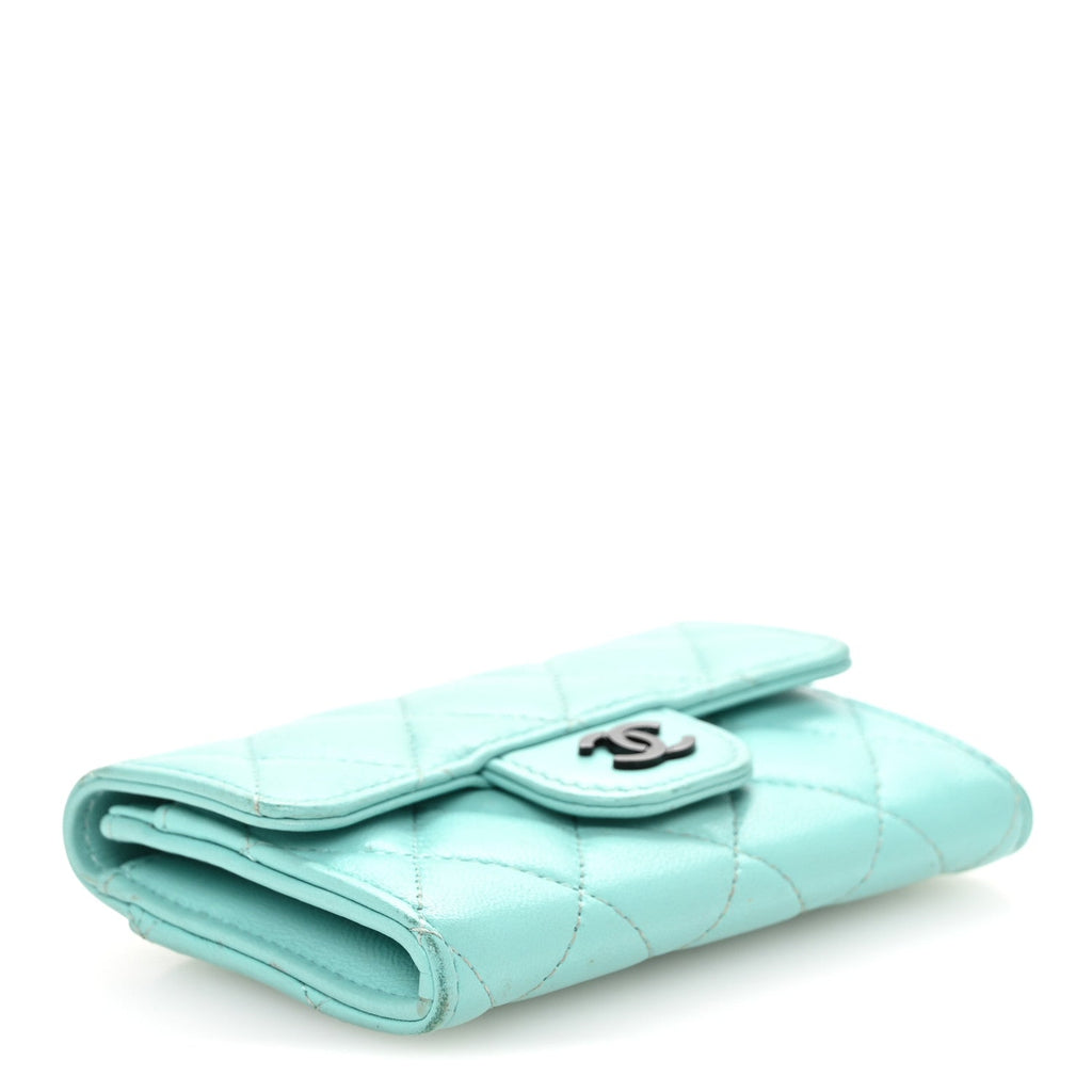 Lambskin Quilted Flap  Holder Wallet Turquoise