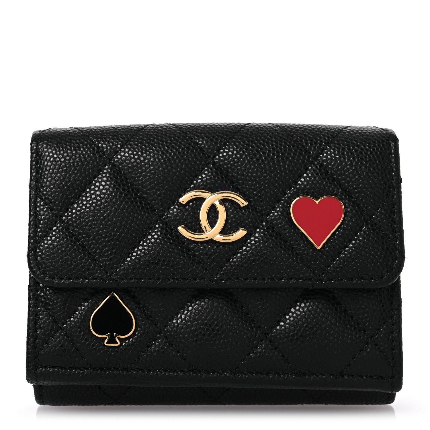 Caviar Quilted Enamel Coco Casino Double Flap Wallet Black