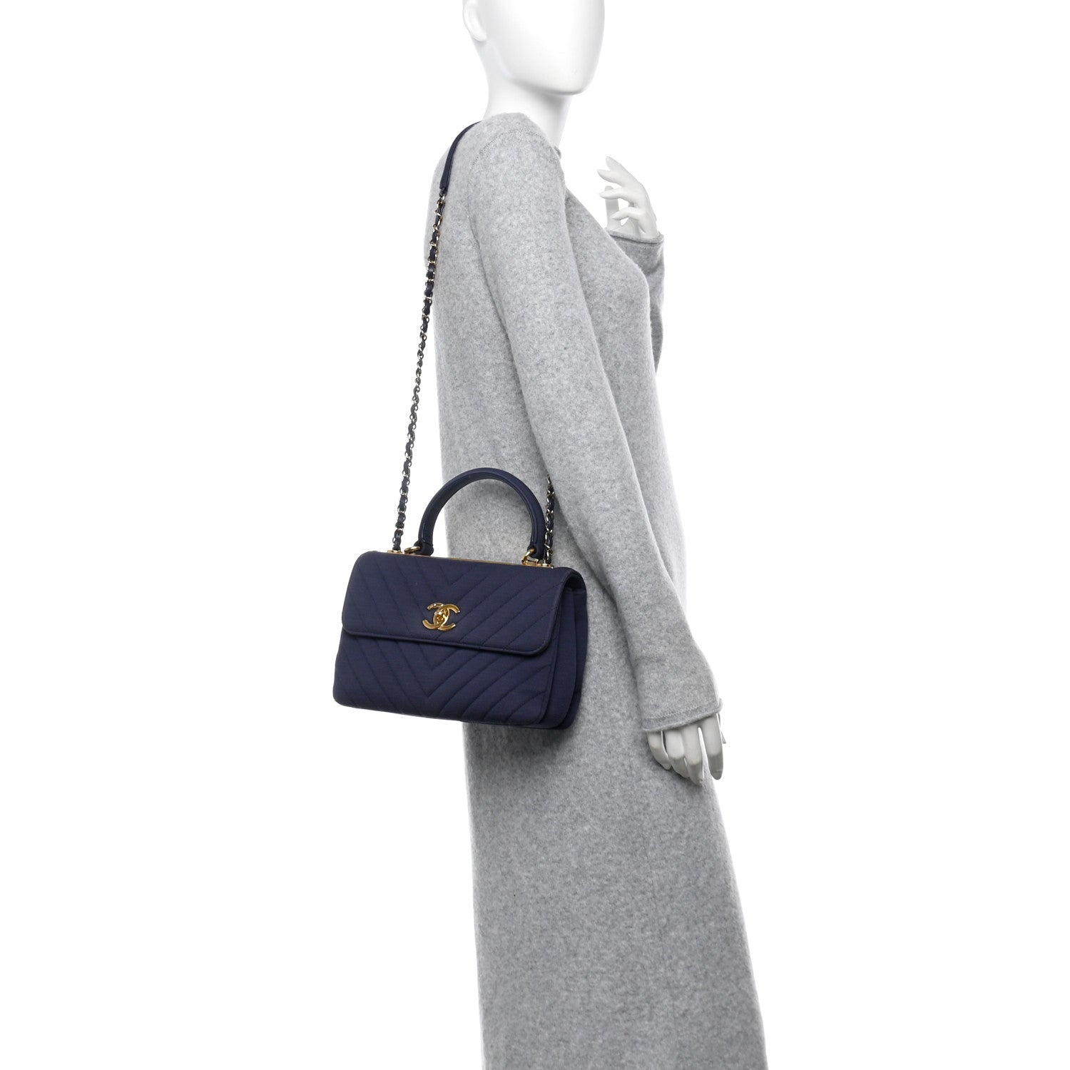 Jersey Chevron Quilted Small Trendy CC Dual Handle Flap Bag Navy Blue