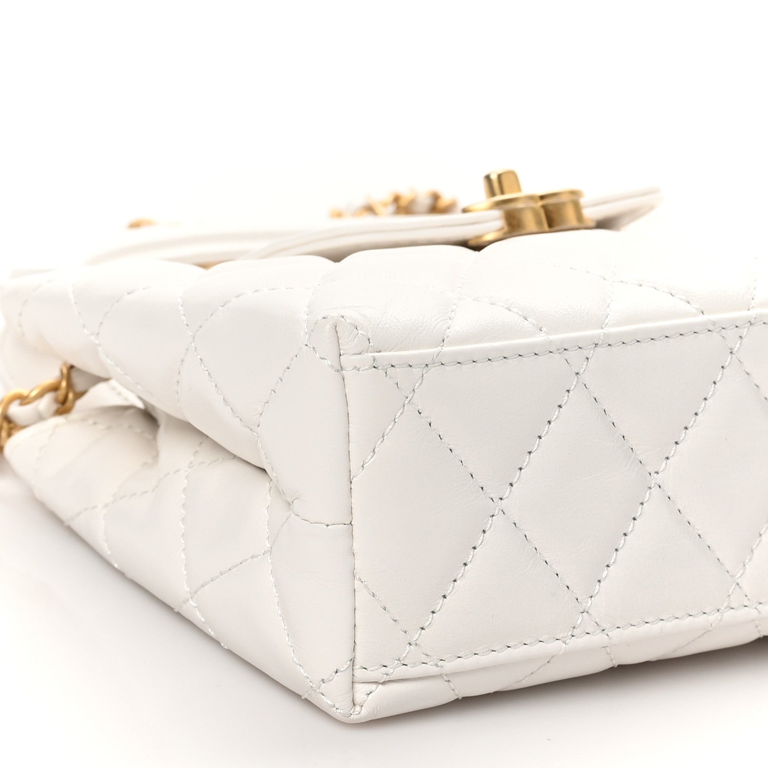 Shiny Aged Calfskin Quilted Nano Kelly Shopper White